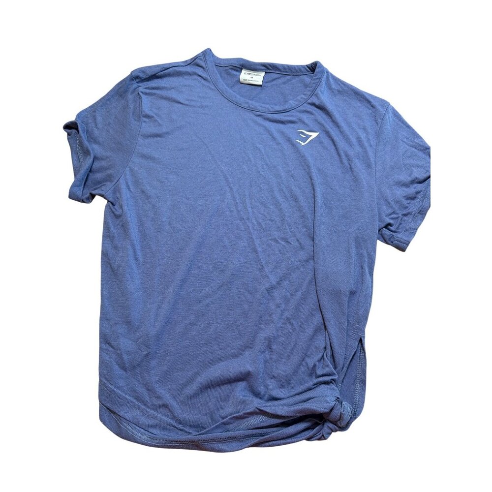 2 Gymshark Womens Short Sleeve Shirts Slit Tie Side Tan Blue Cuff Sleeve Sz M - Picture 4 of 5